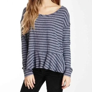 We the Free People Auntie Em Blue Gray Striped Thermal Waffle Knit Peplum size M